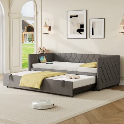 Button-Tufted Day Bed with Pull-Out Trundle and Charging Station - image 5