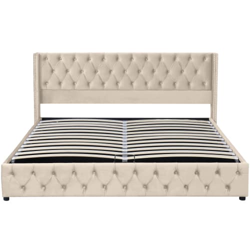 Upholstered King Size Ottoman Bed in Beige Velvet - image 11
