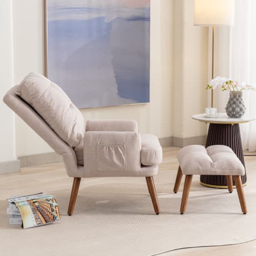 Relaxing Lounge Chair with Footstool and Side Pockets in Beige - image 6