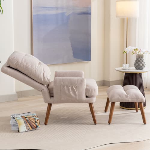 Relaxing Lounge Chair with Footstool and Side Pockets in Beige - image 12