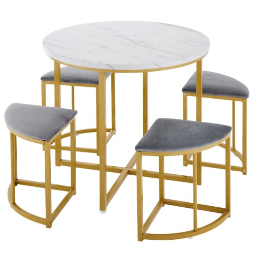 Modern Round Dining Set with Marble Effect Top & 4 Stools - image 36