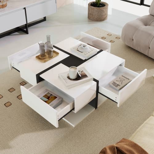 Modern Square White Coffee Table with 4 Storage Drawers - White