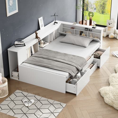 Multifunctional Kids Single Bed with Drawers, Bookcase & Cupboard (3ft) - image 1