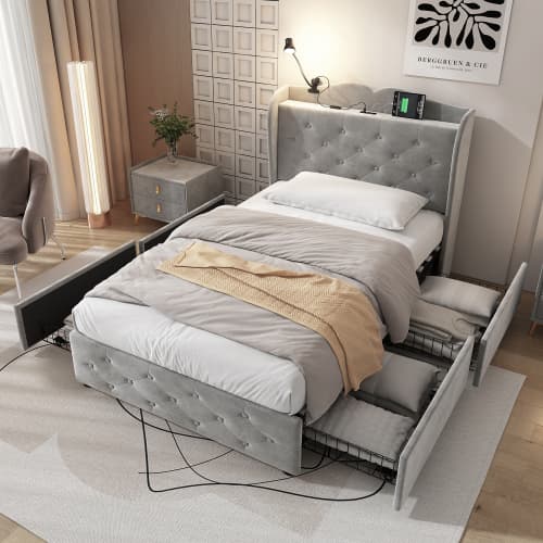 Grey Velvet Single Bed with Smart Storage & USB Charging