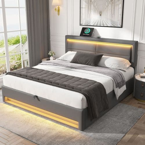 Grey Upholstered Double Bed (4ft6) with Storage, LED Lights & USB Port - image 20