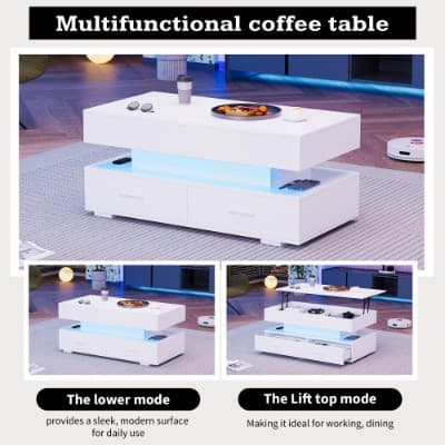 White Lift-Top Coffee Table with LED Lighting and 2 Drawers - image 6