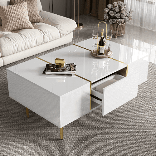 Modern High Gloss White Coffee Table with Gold Accents - image 19