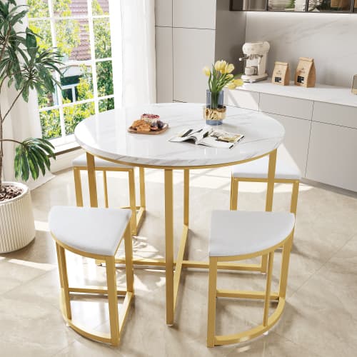 Modern Round Dining Set with Marble Effect Top & 4 Stools