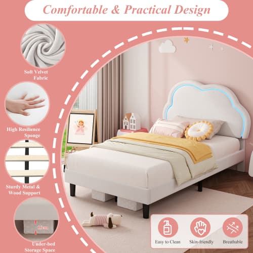 Discover the Cream Velvet Single Bed with LED Cloud Headboard - image 16