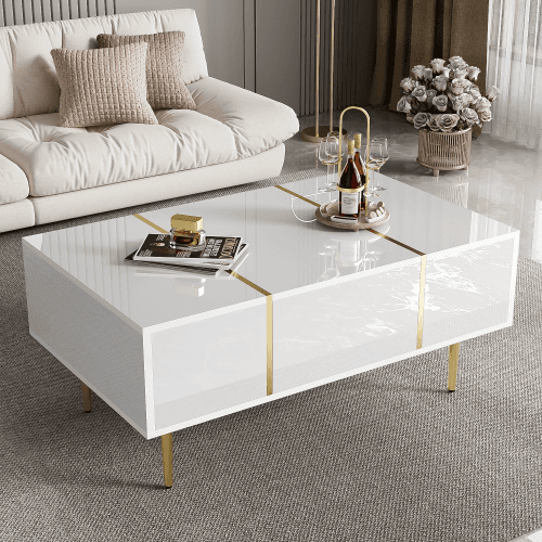Modern High Gloss White Coffee Table with Gold Accents - image 18