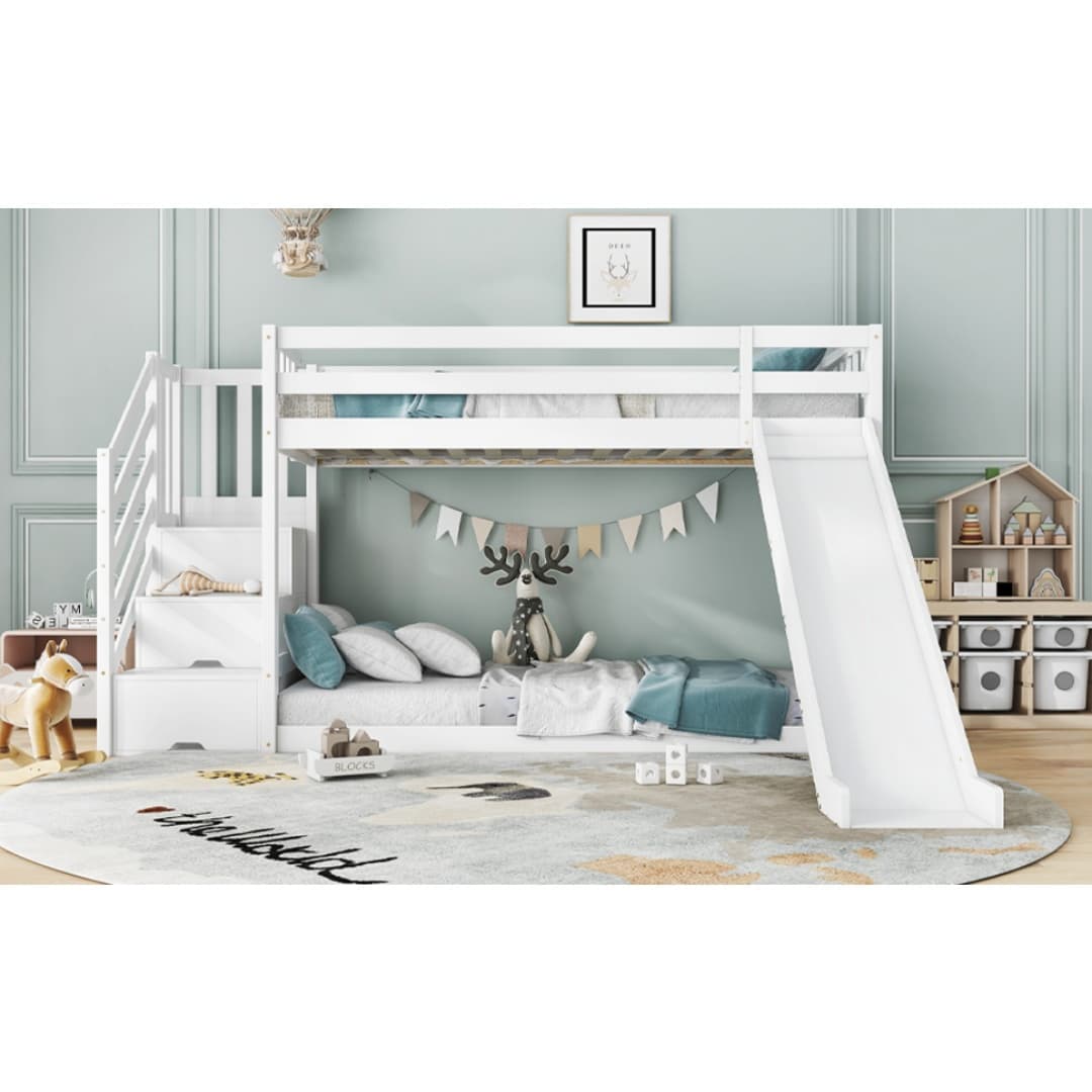 Solid Pine Bunk Bed with Slide and Storage Staircase, White Finish - image 15