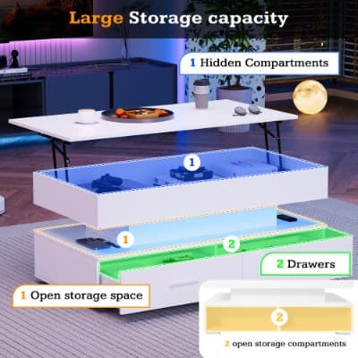 White Lift-Top Coffee Table with LED Lighting and 2 Drawers - image 7