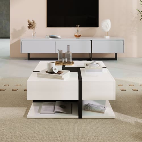 Modern Square White Coffee Table with 4 Storage Drawers - image 5