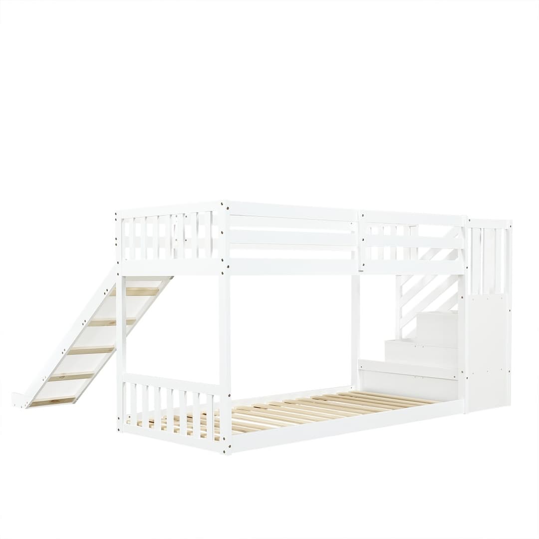 Solid Pine Bunk Bed with Slide and Storage Staircase, White Finish - image 3
