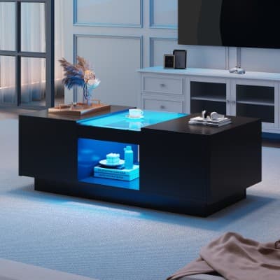 Modern Coffee Table with LED Lighting, 2 Drawers and Glass Top - Black