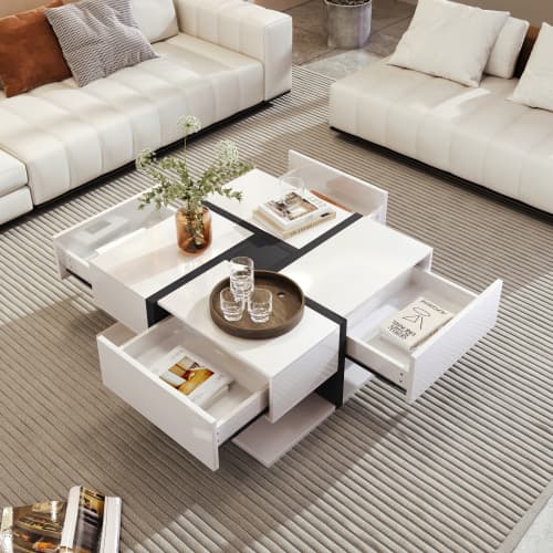 Modern Square White Coffee Table with 4 Storage Drawers - image 1