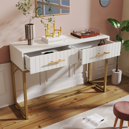 White Dressing Table with Ribbed Front & Gold Details - image 17