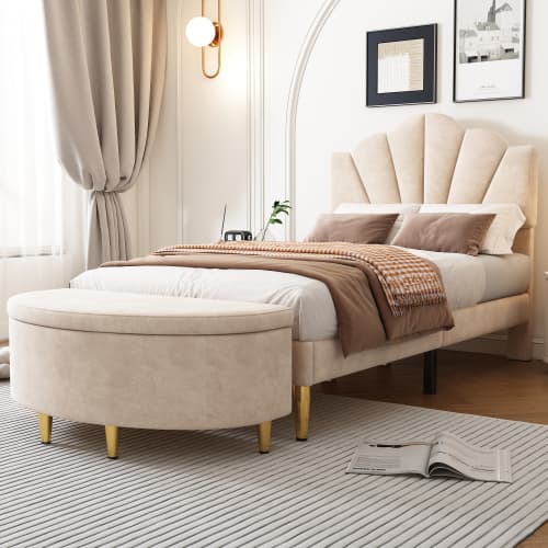 Transform Your Bedroom with a Velvet Bed & Storage Bench Set - Beige