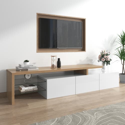 Contemporary TV Stand with LED Lighting, High Gloss White & Wood Effect - image 11