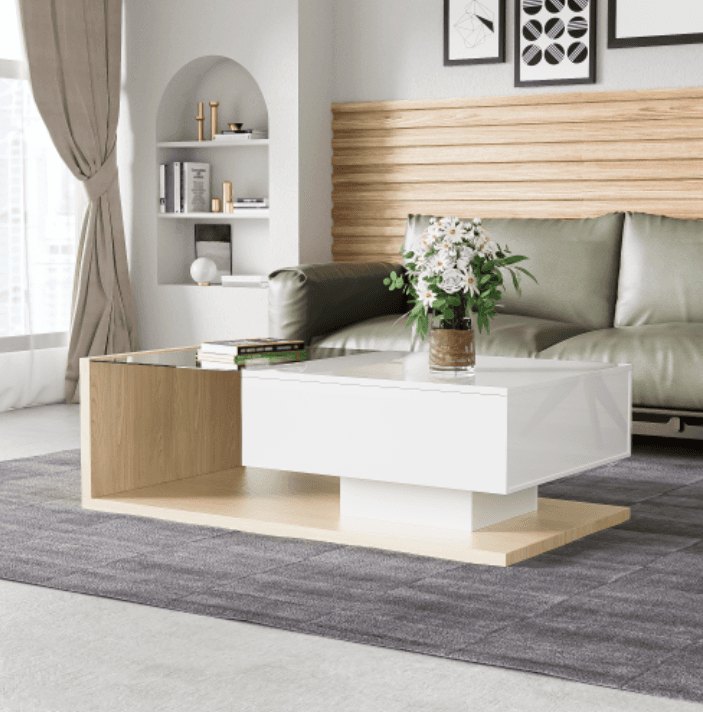 Modern Coffee Table with LED Lights, White High Gloss & Wood Finish - image 7