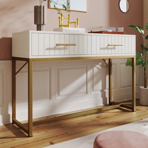 White Dressing Table with Ribbed Front & Gold Details - image 13