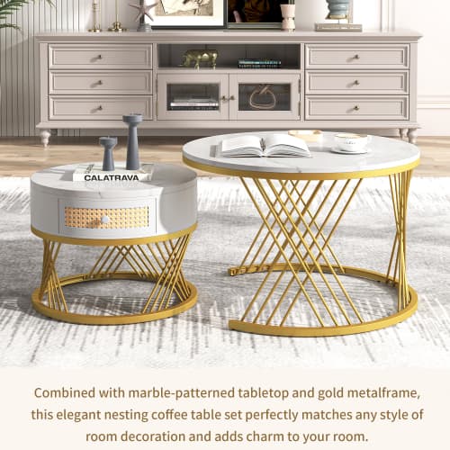 Set of 2 Round Nesting Coffee Tables with Gold Legs & Storage - image 19