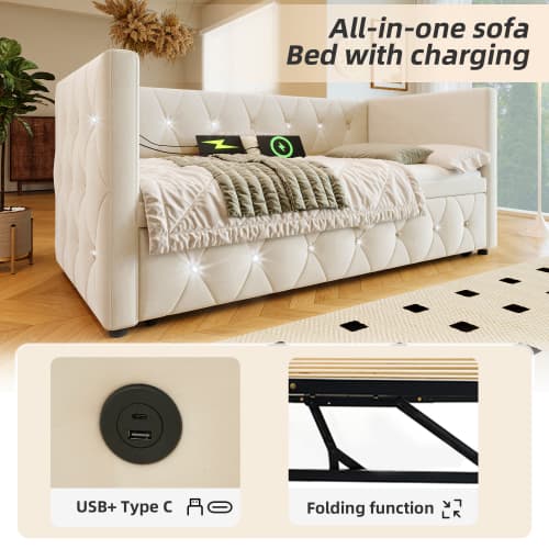Upholstered Single Day Bed with Pull-Out Trundle and USB Charging - image 6