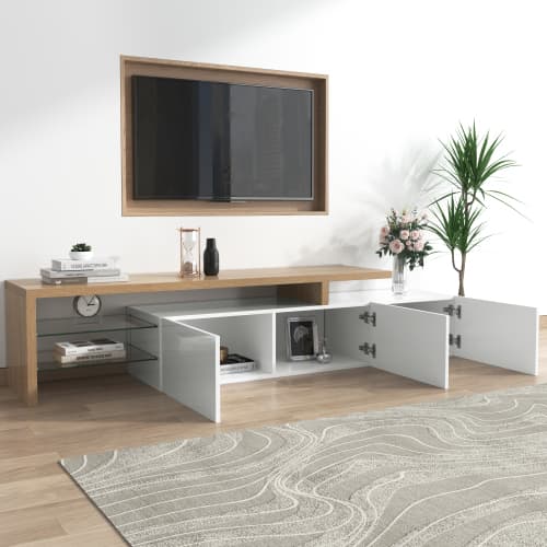 Contemporary TV Stand with LED Lighting, High Gloss White & Wood Effect - image 10
