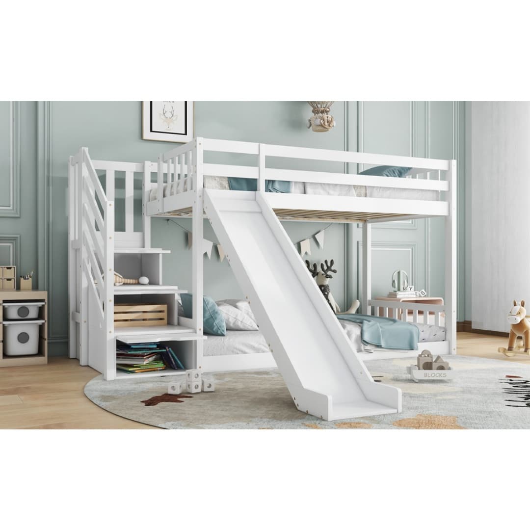 Solid Pine Bunk Bed with Slide and Storage Staircase, White Finish - image 6
