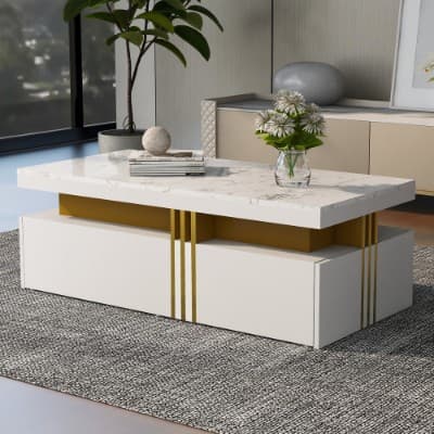 Modern White Coffee Table with Marble Effect Top and 2 Drawers - image 8