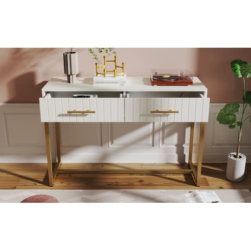 White Dressing Table with Ribbed Front & Gold Details - image 18