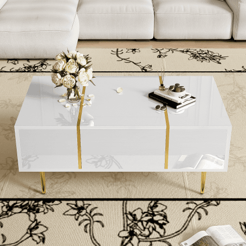 Modern High Gloss White Coffee Table with Gold Accents - image 10