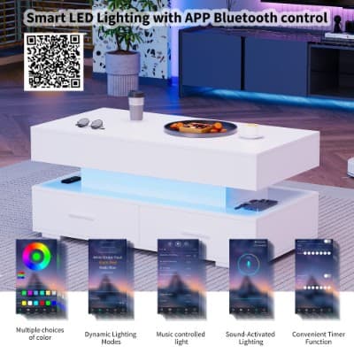White Lift-Top Coffee Table with LED Lighting and 2 Drawers - image 4