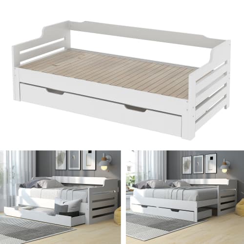 White Solid Wood Day Bed with Pull-Out Trundle and Storage Drawer - image 13