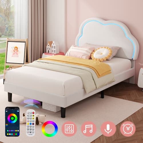Discover the Cream Velvet Single Bed with LED Cloud Headboard