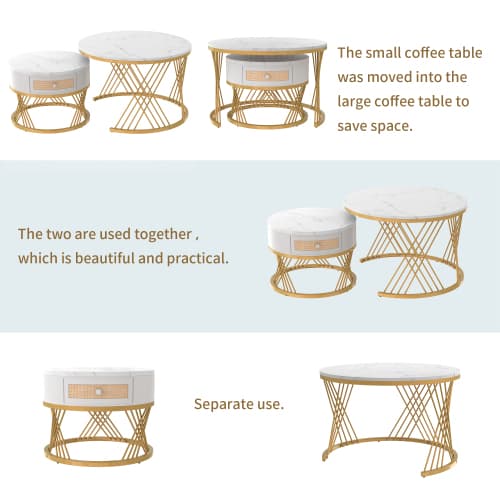 Set of 2 Round Nesting Coffee Tables with Gold Legs & Storage - image 9
