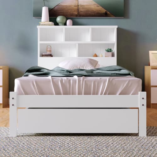 White Wooden Single Bed Frame with Storage Drawer & Shelves - image 5
