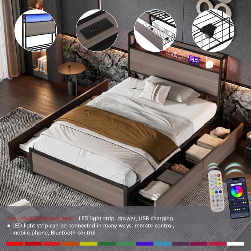 Modern Single Metal Bed with Storage, LED Lights & USB Charging Ports - image 3