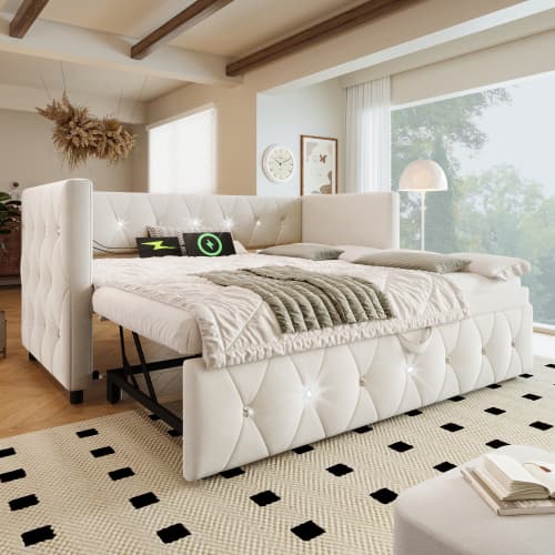 Upholstered Single Day Bed with Pull-Out Trundle and USB Charging - image 13