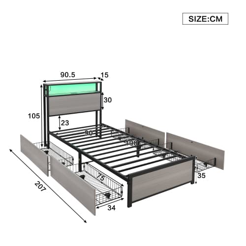 Modern Single Metal Bed with Storage, LED Lights & USB Charging Ports - image 18