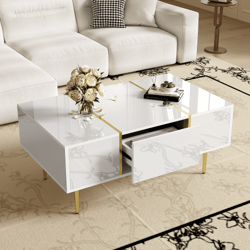 Modern High Gloss White Coffee Table with Gold Accents - image 21