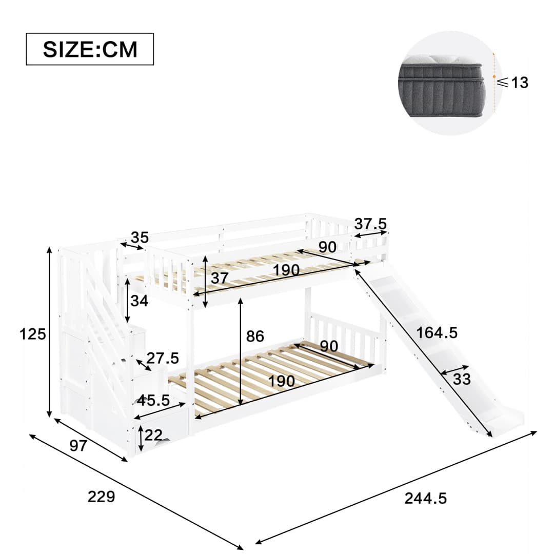 Solid Pine Bunk Bed with Slide and Storage Staircase, White Finish - image 19