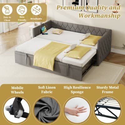 Button-Tufted Day Bed with Pull-Out Trundle and Charging Station - image 6