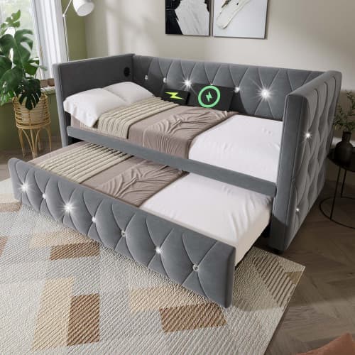 Upholstered Single Day Bed with Pull-Out Trundle and USB Charging - image 4