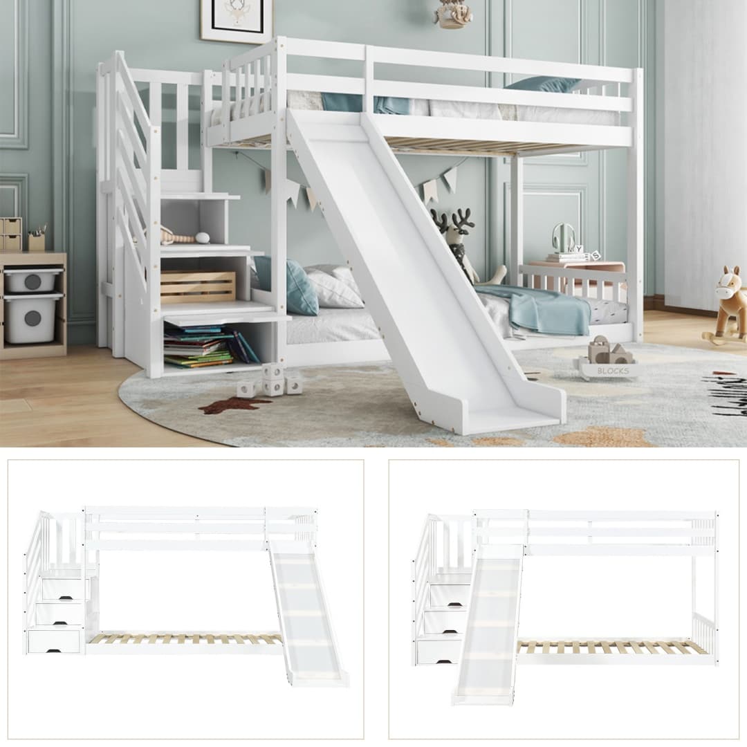 Solid Pine Bunk Bed with Slide and Storage Staircase, White Finish - image 17