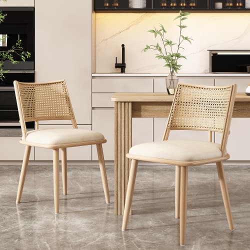 Set of 2 Dining Chairs with Rattan Backrest and PU Seat