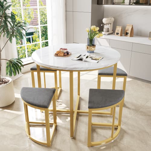 Modern Round Dining Set with Marble Effect Top & 4 Stools - image 38