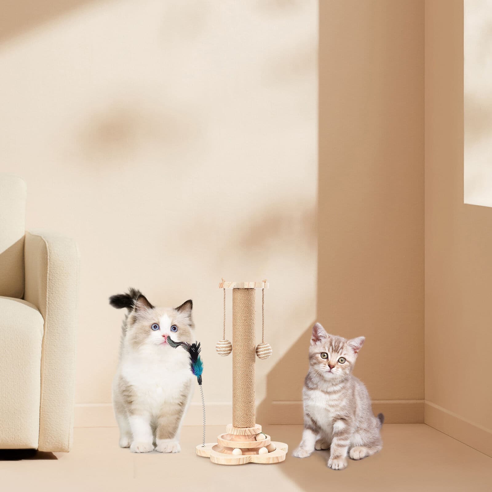 Wooden Cat Activity Centre with Scratching Post and Ball Track - image 7