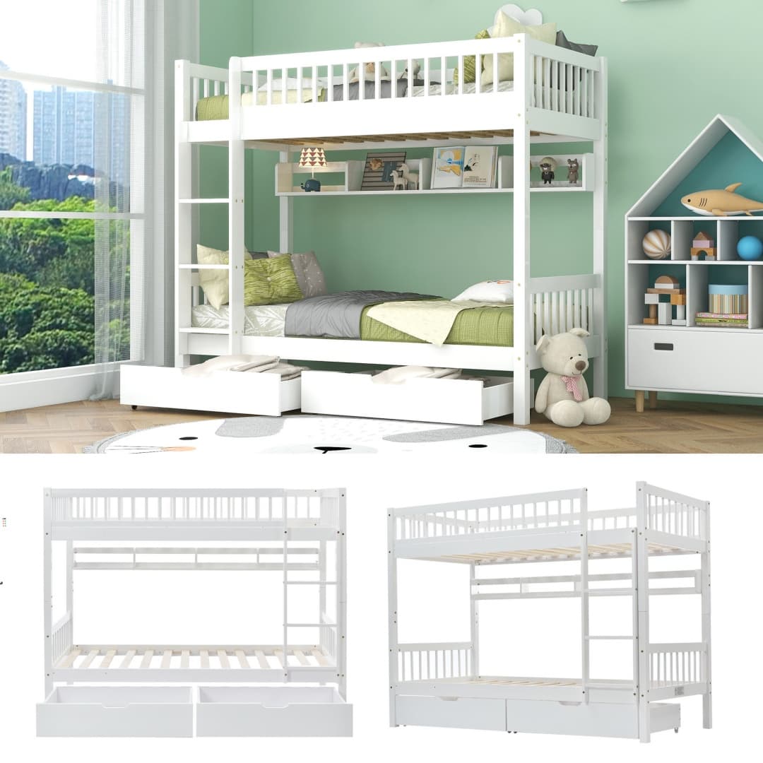 White Solid Pine Kids Bunk Bed with Storage Drawer & Shelf - image 9