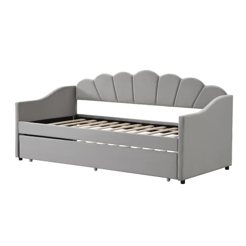 Upholstered 3ft Single Day Bed with Pull-Out Trundle in Grey Velvet - Gray